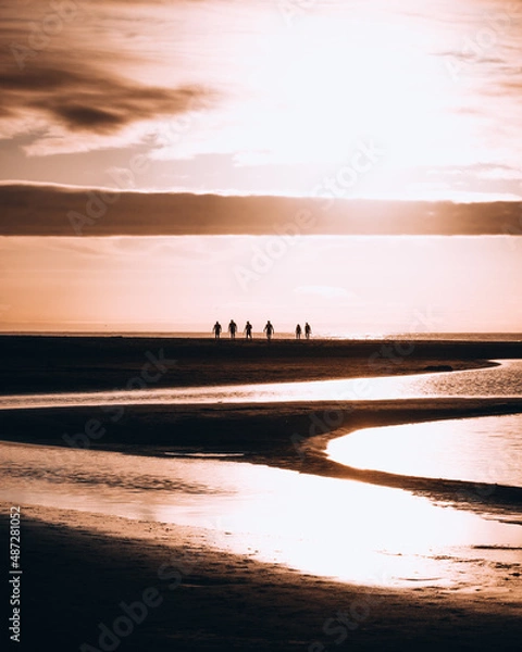 Obraz Group of friends walking on the beach at sunset