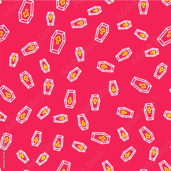 Fototapeta Line Coffin with christian cross icon isolated seamless pattern on red background. Happy Halloween party. Vector
