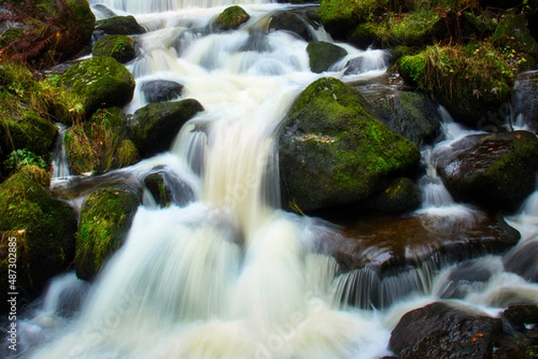 Fototapeta Powerful water cascading down a hill in the Black Forest on a fall day in Triberg, Germany.