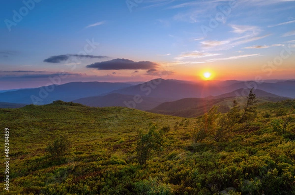 Fototapeta Sunrise seen from the summit of Bukowe Berdo towards the Bieszczady peaks, Bieszczady forest, mountains, Carpathians 
