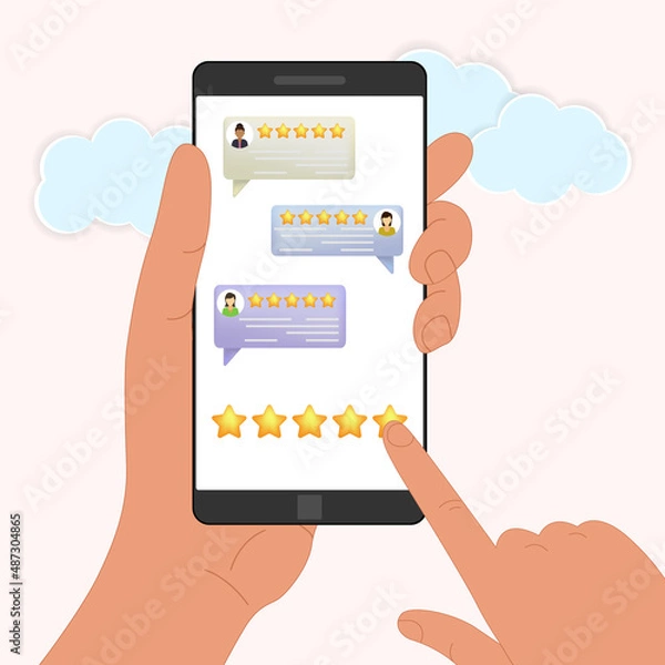 Fototapeta Hands holding a phone with a rating of reviews.  Experience concept or feedback, star rating, notifications. Rating bubble.