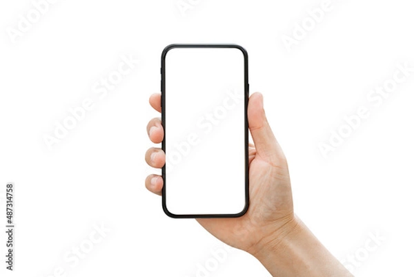 Obraz Male hand holding smartphone with blank screen isolated on white background.