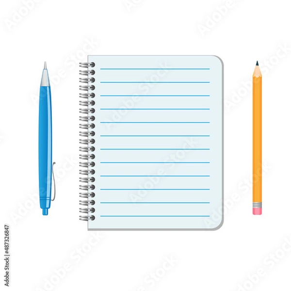 Fototapeta Notebook page, pencil, pen. Vector illustration 