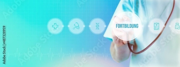 Fototapeta Fortbildung in der Medizin. Arzt mit Stethoskop im Fokus. Icons und Text auf einem digitalen Interface. Medizinische Technologie