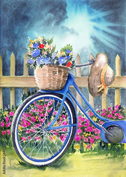 Fototapeta Watercolor illustration of a blue bicycle with a basket of flowers and a straw hat standing by a fence with blooming purple wildflowers