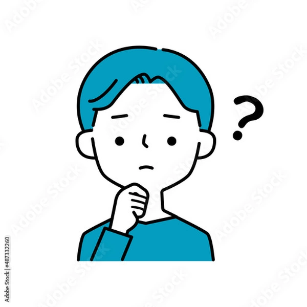 Fototapeta 考える表情とポーズの男性とハテナマークのシンプルなイラストアイコン