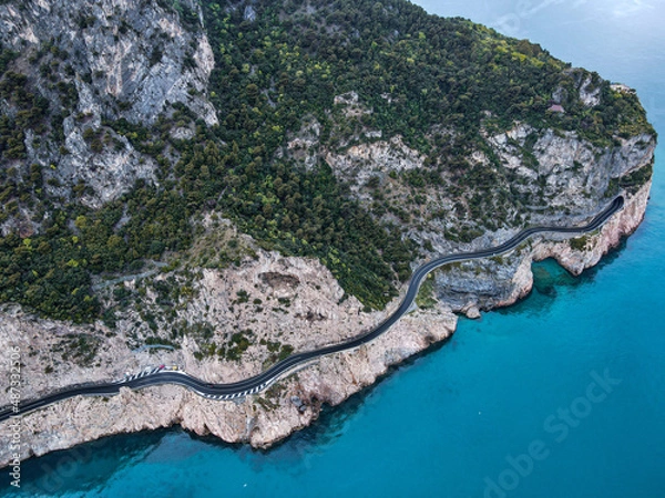 Obraz Aerial view of Aurelia street in Noli, Capo Noli and Varigotti, province of Savona. Drone photography from above of snake street snake in Liguria, north Italy, near Bergeggi and Spotorno.