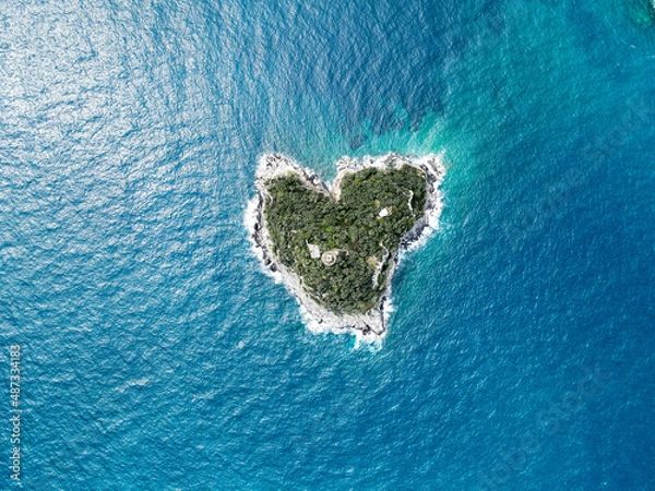 Obraz Aerial view of Bergeggi island, heart island from above, in Liguria, north Italy. Drone photography of the Ligurian coast, province of Savona with Spotorno and the island of Bergeggi.