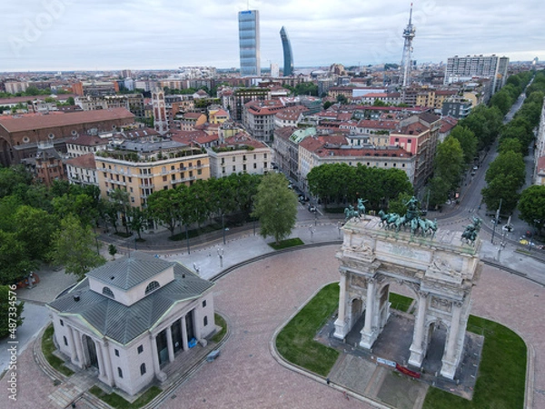 Obraz Aerial view of Arco della Pace in Milano, north Italy. Drone photography of Arch of Peace in Piazza Sempione, near Sempione park in the heart of Milan, Lombardy and Sforza Castle.