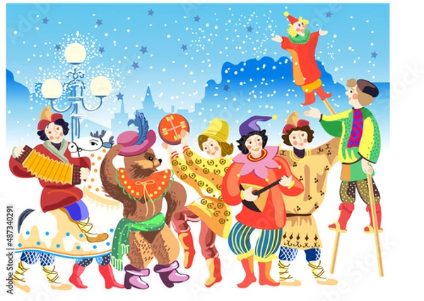 Fototapeta Russian folklore or folk art. Merry carnival is the spring festival of Maslenitsa. Funny buffoons and clowns in fancy costumes dance and play the balalaika, a bear in a hat dances.