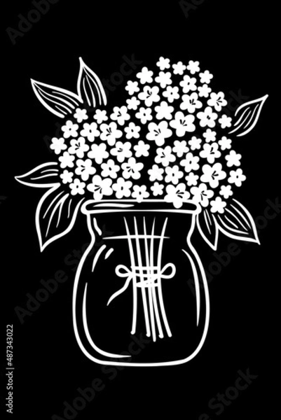 Obraz lilac bush. a bouquet of flowers standing in a glass vase. linear hand drawing . white drawing on a black background. small white flowers. vector illustration