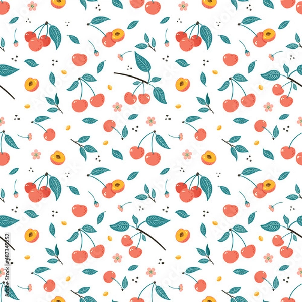Fototapeta Cherry Berry Seamless Pattern. Hand Drawn fruit background. Sweet cherries ornament for wallpaper, textile, wrapping paper, menu, food package design and decoration.
