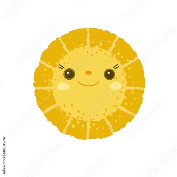 Fototapeta Cute kawaii sun character with happy smiling face and funny eyes. Children’s drawing in doodle style. Summer sunrise. Childish coloured flat raster illustration isolated on white background