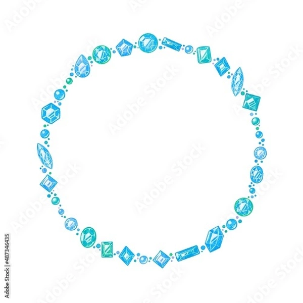 Fototapeta 水彩の水色宝石リース・フレームセット　ラスター素材