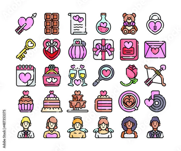 Obraz Simple set of 30 Valentines Day icons in detailed outline color style
