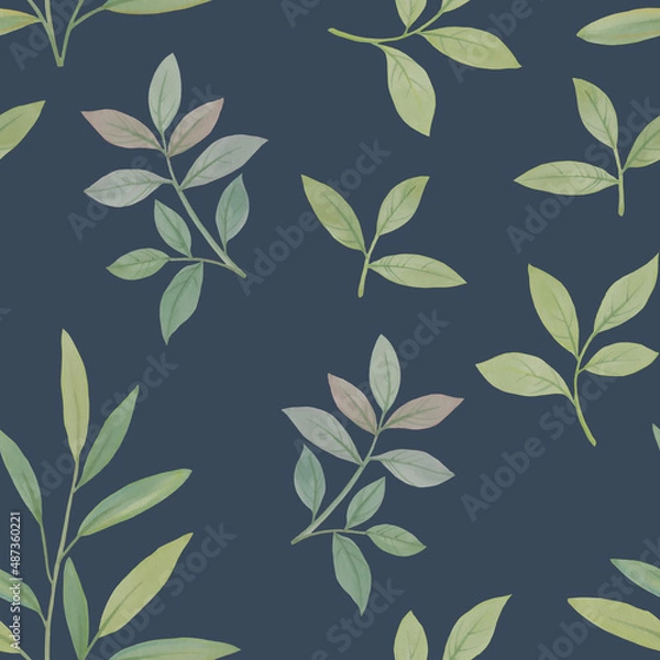 Obraz Seamless botanical pattern. Watercolor leaves drawn on paper and assembled into an ornament for design.