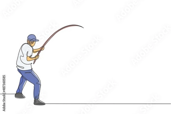 Fototapeta One continuous line drawing of young happy fisherman standing and fishing bait a fish at riverside. Fishing leisure hobby vacation concept. Dynamic single line draw design vector illustration graphic