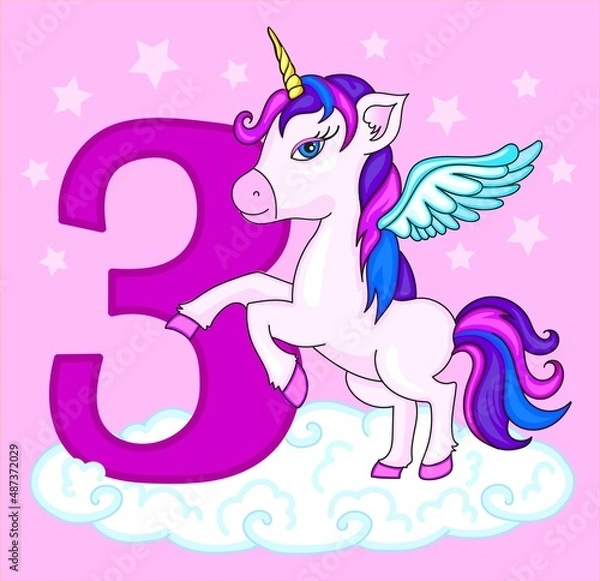 Fototapeta Unicorn on starry background.Magical unicorn. Vector design on pink background. Print for t-shirt. Romantic hand drawing illustration for children.Cute little unicorn with number three for birthday