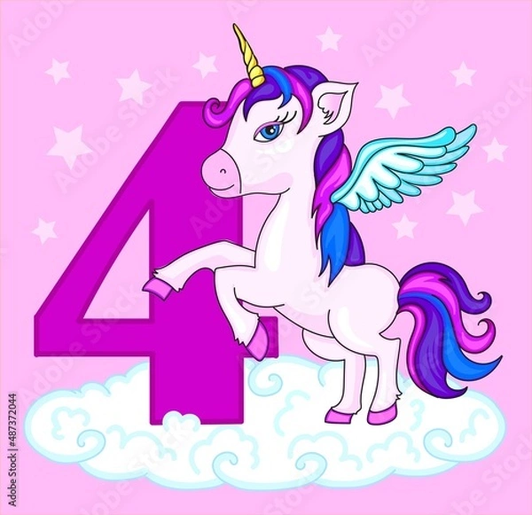 Fototapeta Unicorn on starry background.Magical unicorn. Vector design on pink background. Print for t-shirt. Romantic hand drawing illustration for children.Cute little unicorn with number four for birthday
