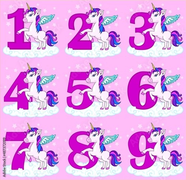 Fototapeta Cute set of numbers for birthday or holidays.Unicorn on a starry background. Magic unicorn. Vector design on a pink background. Print for t-shirt. Romantic hand drawn illustration for children. ..