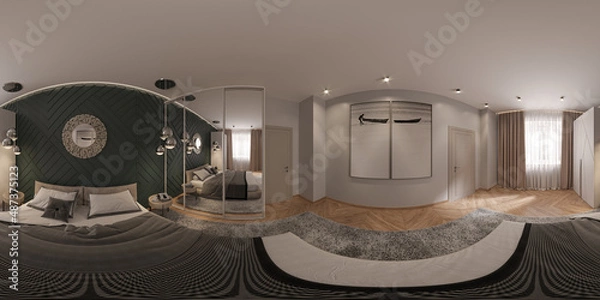 Fototapeta 3d render of modern bedroom interior with dark green walls, wooden floor, master bed with two round bedside tables with lamps. 360 degrees VR