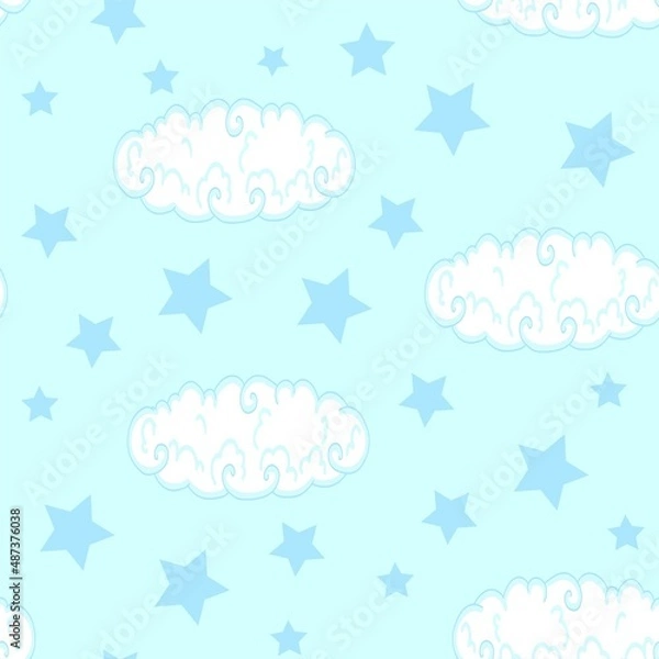 Fototapeta Cute sky pattern. Seamless vector design with stars .Baby illustration .pattern of The blue sky and white cloud that is cute  Modern design flat style Used for publication, gift wrap, textile...