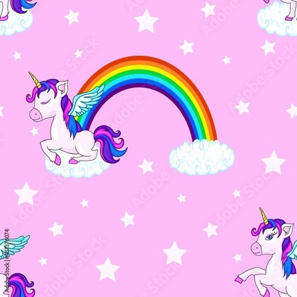 Fototapeta A little magical unicorn. Hand drawn seamless vector pattern with cute unicorns, stars .Repetitive wallpaper on dark blue background. Perfect for fabric, wallpaper, wrapping paper or nursery decor...