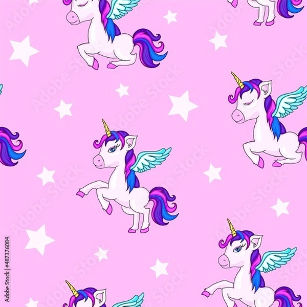 Fototapeta Illustration for children. A little magical unicorn. Hand drawn seamless vector pattern with cute unicorns, stars. Perfect for fabric, wallpaper, wrapping paper or nursery decor...