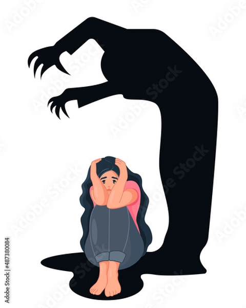 Fototapeta A woman suffering from phobia and panic attacks. The concept of frustration. A frightened woman is afraid of a scary shadow monster. Psychology and Mental Health. Vector illustration in cartoon style