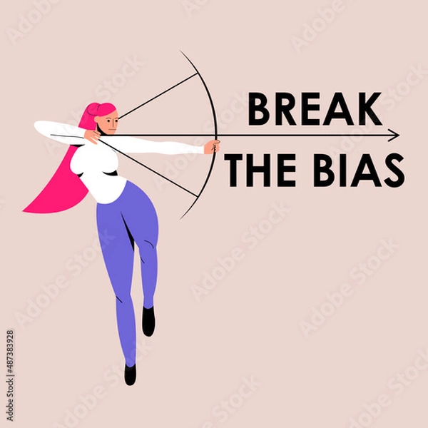 Fototapeta A strong woman with a bow in her hands cuts the inscription BREAK THE BIAS with an arrow. International Womens Day. March 8. BREAK THE BIAS campaign.