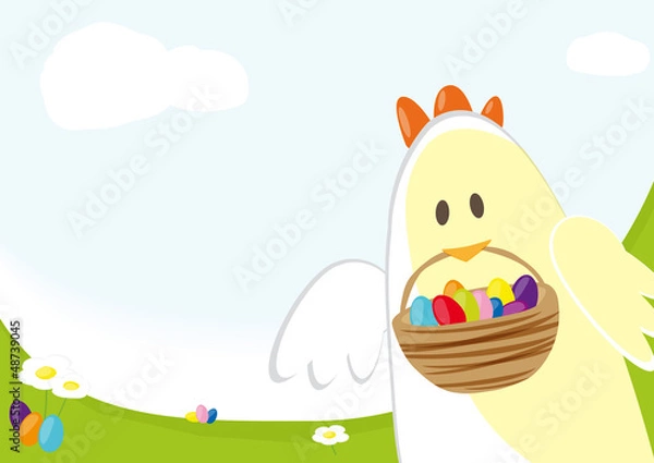 Fototapeta Easter chick carrying basket with easter eggs