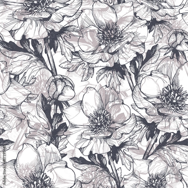 Fototapeta Seamless floral pattern with peonies.