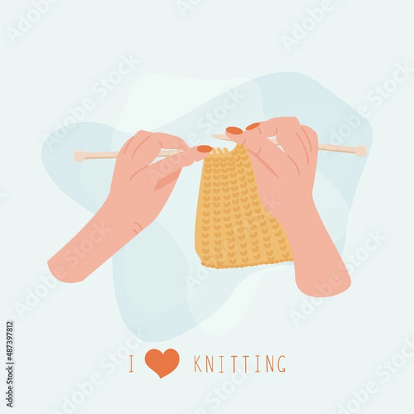 Obraz Women’s hands knitting something. Concept of handmade workshop. Leisure and hobby time. Creativity concept. Vector illustration