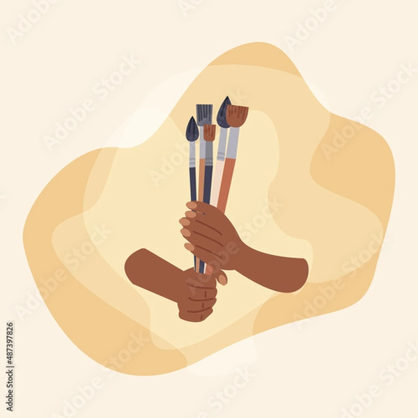 Obraz Teachers hands holding a bunch of paintbrushes. Concept of variety art supplies. Artistic lifestyle, handmade workshop, art school and shop. Painting tutorial. Vector illustration
