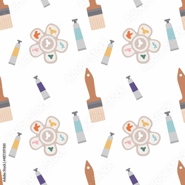 Obraz Background for craft design and creativity. Seamless pattern with art tools for handmade workshop, art studio, shop. Ready for wrapping paper, decoration, textile, scrapbooking. Vector illustration