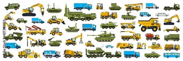 Fototapeta A set of construction and military equipment. Transport collection. Military vehicles, tanks, construction equipment. Vector illustration isolated on white background