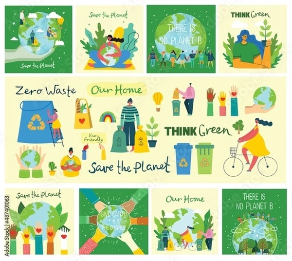 Fototapeta People Characters trying to Save Planet Earth. Global Warming and Climate Change Concept.