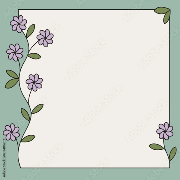Fototapeta empty flower frame for publication, black outline, white background, branch with flowers and leaves, spring theme, romantic mood, flat vector illustration