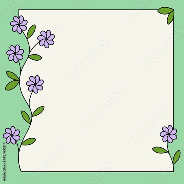 Fototapeta empty flower frame for publication, black outline, white background, branch with flowers and leaves, spring theme, romantic mood, flat vector illustration