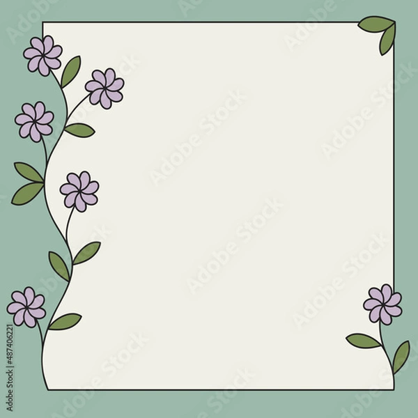 Fototapeta empty flower frame for publication, black outline, white background, branch with flowers and leaves, spring theme, romantic mood, flat vector illustration