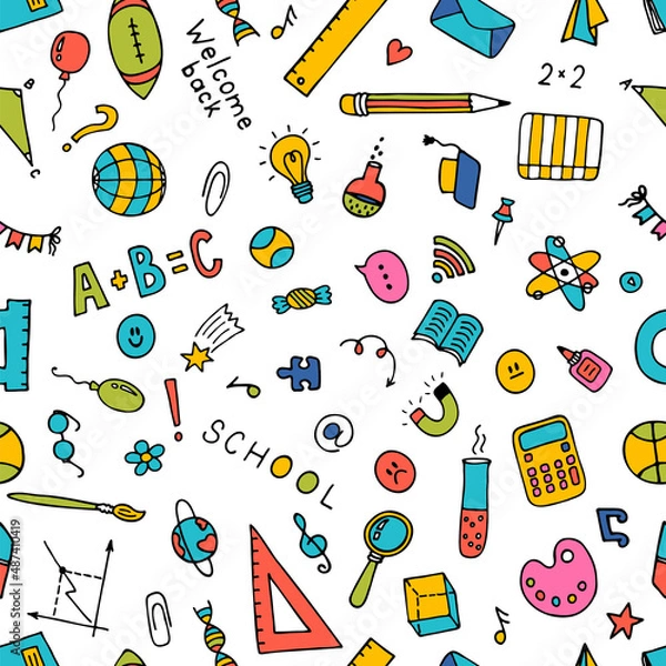 Fototapeta Seamless pattern with hand drawn school elements. Back to school background. Welcome back