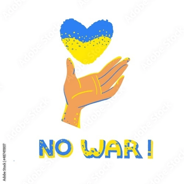 Fototapeta Russian-Ukrainian conflict. Hand gesture holding Ukraine flag in the shape of heart with lettering in cartoon flat style. National security society, prevention of war in Ukraine. Sovereign country.