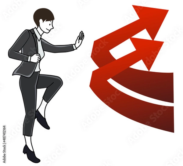 Obraz 武道の構えで困難を跳ね返し好転させるイメージの、矢印とビジネスパーソンセット