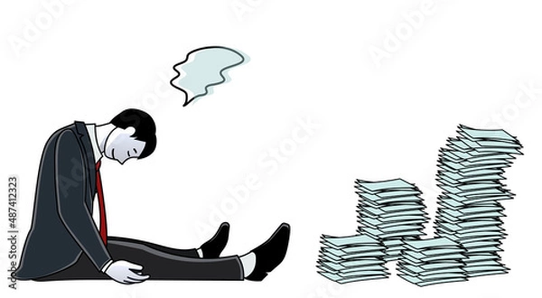Obraz 積まれて崩れそうな書類を前に、燃え尽きた表情で力なくうつむくビジネスパーソン