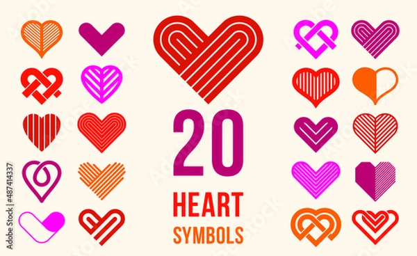 Fototapeta Hearts geometric linear logos vector icons or logotypes set, graphic design modern style elements, love care and charity geometrical symbols collection.