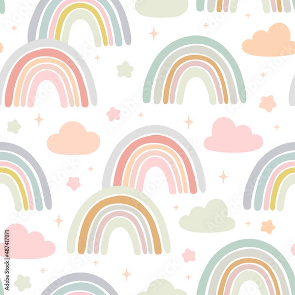 Obraz Hand drawn rainbows, cloud and star cartoon baby texture for fabric textile wallpaper apparel wrapping, Rainbow seamless vector pattern  background