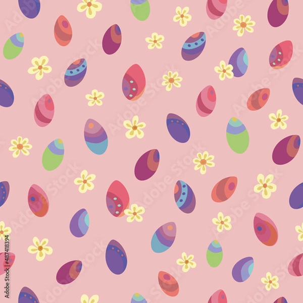 Fototapeta Seamless vector pattern of Easter eggs and flowers. Suitable for packaging, fabrics, wallpapers and simple colorings. Easter background.	
