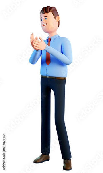 Fototapeta Cartoon man in shirt and tie claps his hands. 3d businessman applauds while standing. 3d image. 3d render.