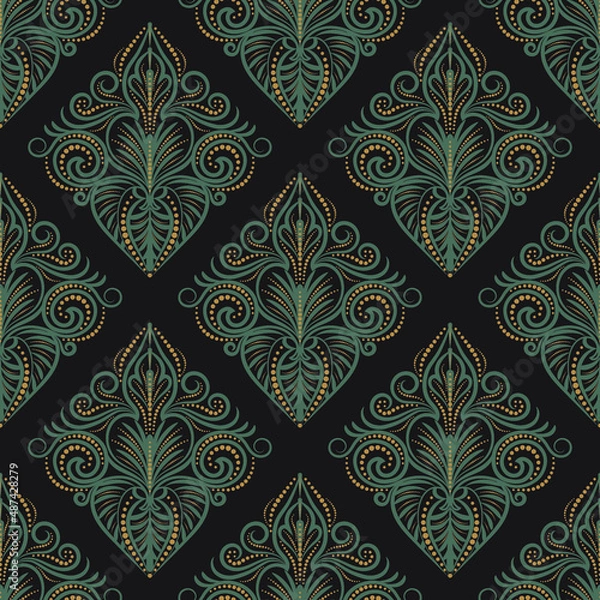 Obraz Damask seamless pattern. Lace fabric in vector, green and yellow ornament. Textile wallpaper on a black background 