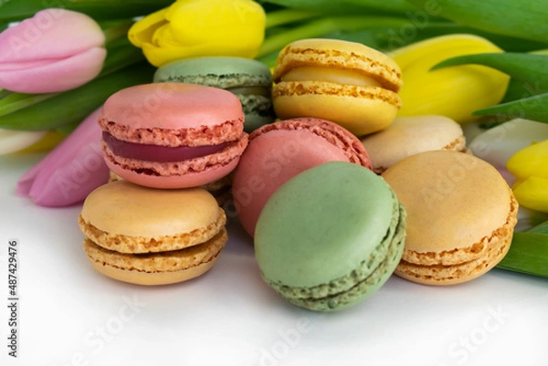 Obraz colorful macarons and tulips isolated over white bakground